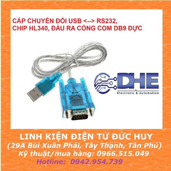 CÁP CHUYỂN ĐỔI USB RS232 COM DB9, CHIP HL340, ĐẦU RA CỔNG COM DB9 ĐỰC