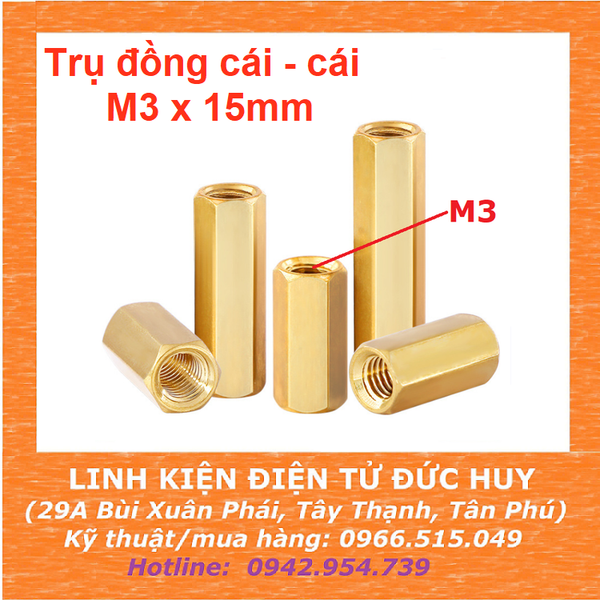 Trụ đồng M3, cái - cái (2 đầu cái), dài 15mm