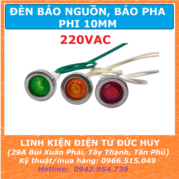 Đèn báo nguồn, đèn báo pha 10MM 220VAC
