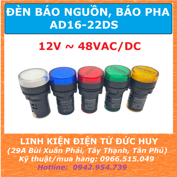 AD16 22DS đèn báo nguồn, đèn báo pha 12-48VDC, 22mm