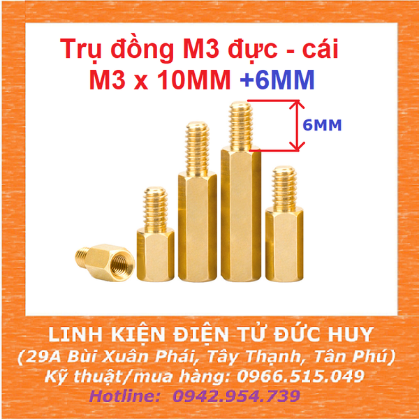 Trụ đồng M3, đực-cái (1 đầu đực, 1 đầu cái), dài 10mm