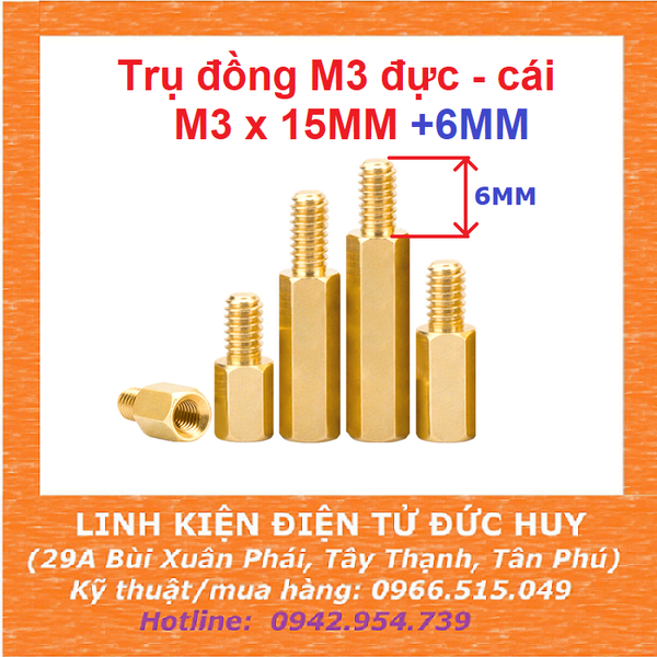Trụ đồng M3, đực-cái (1 đầu đực, 1 đầu cái), dài 15mm