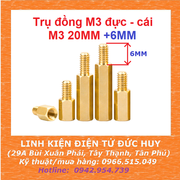 Trụ đồng M3, đực - cái (1 đầu đực, 1 đầu cái), dài 20mm