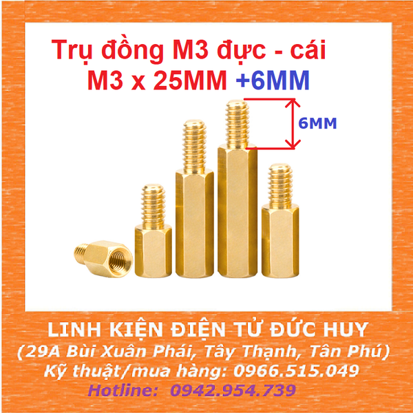 Trụ đồng M3, đực-cái (1đầu đực,1 đầu cái), dài 25mm