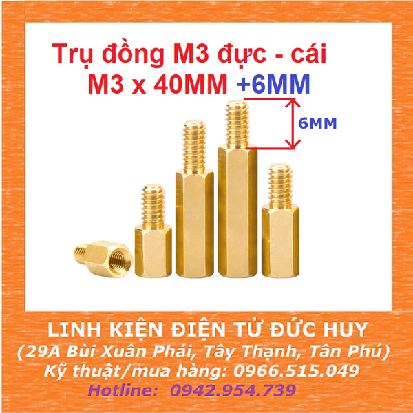 Trụ đồng M3, đực-cái (1 đầu đực,1 đầu cái), dài 40mm