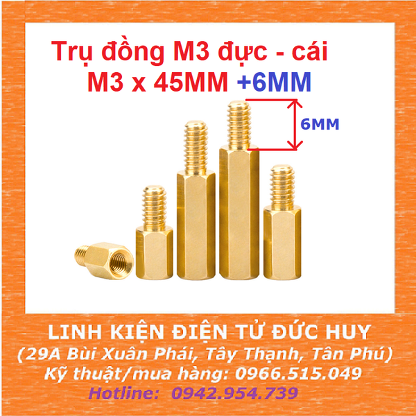 Trụ đồng M3, đực-cái (1 đầu đực, 1 đầu cái), dài 45mm