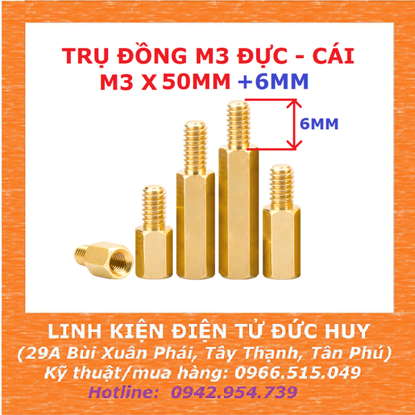 Trụ đồng M3, đực - cái (1 đầu cái, 1 đầu đực), dài 50mm
