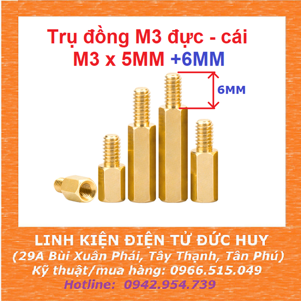Trụ đồng M3, đực-cái (1 đầu đực, 1 đầu cái), dài 5mm