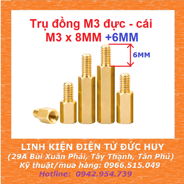 Trụ đồng M3, đực-cái (1 đầu đực, 1 đầu cái), dài 8mm