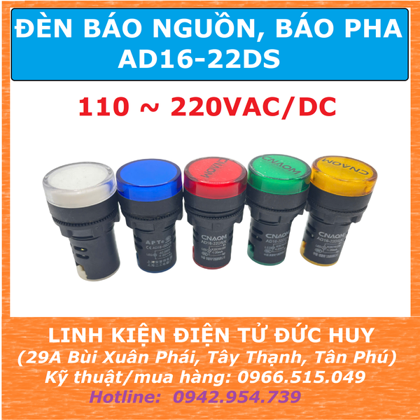 AD16 22DS đèn báo nguồn, đèn báo pha 110-220V AC DC 22mm