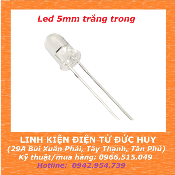 10 con Led 5mm trắng trong Đỏ/ Vàng/ Xanh lá/ Xanh dương/Trắng