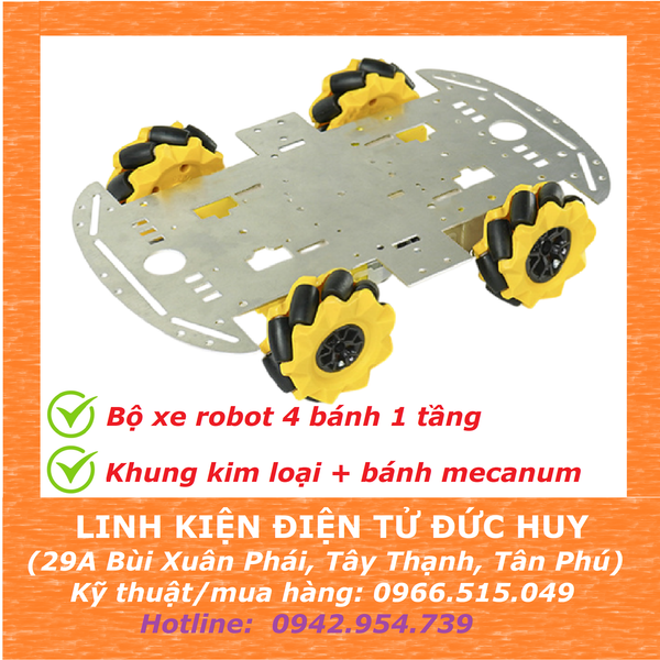 Bộ xe robot 4 bánh, 1 tầng, khung hợp kim nhôm, bánh xe 48mm