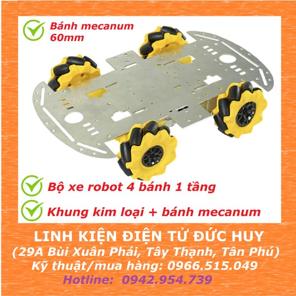 Bộ xe robot 4 bánh 1 tầng, khung hợp kim nhôm bánh xe 60mm
