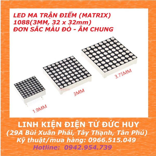 LED MA TRẬN ĐIỂM (MATRIX) - 1088(3MM, 32 x 32mm) - ĐƠN SẮC MÀU ĐỎ - ÂM CHUNG