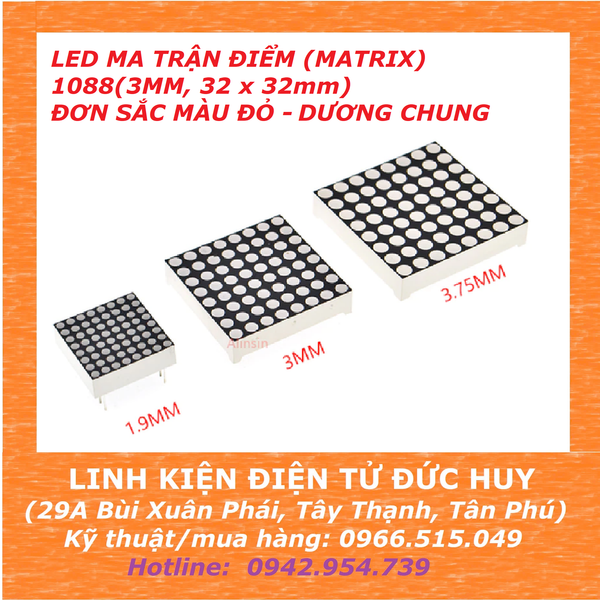 LED MA TRẬN ĐIỂM (MATRIX) - 1088(3MM, 32 x 32mm)- ĐƠN SẮC MÀU ĐỎ - DƯƠNG CHUNG