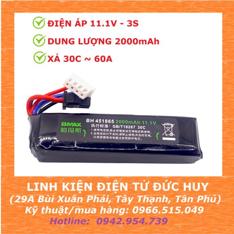 PIN LIPO 3S 11.1V 2000MAH, XẢ 30C, ĐẦU SM2.54-2P