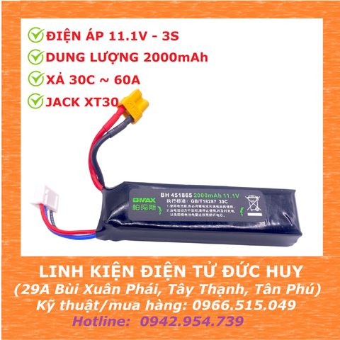 PIN LIPO 3S 11.1V 2000MAH, XẢ 30C, XT30