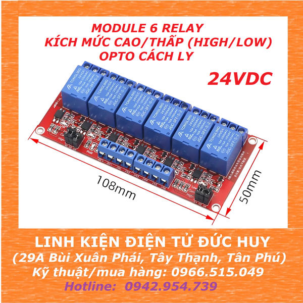 Module 6 relay 24V 10A có jumper High/Low, opto cách ly