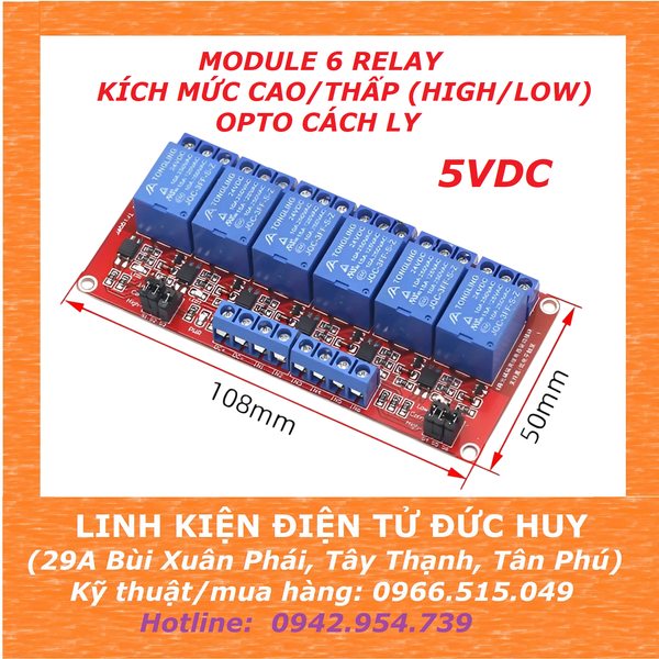 Module 6 relay 5V 10A có jumper High/Low, opto cách ly