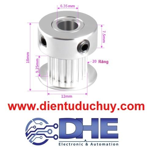 Puley GT2 - 20 răng - Φ16mm - Trục 6.35mm