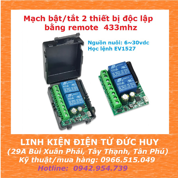 MẠCH BẬT TẮT 2 THIẾT BỊ BẰNG REMOTE, 433MHZ, HỌC LỆNH, 6~30VDC