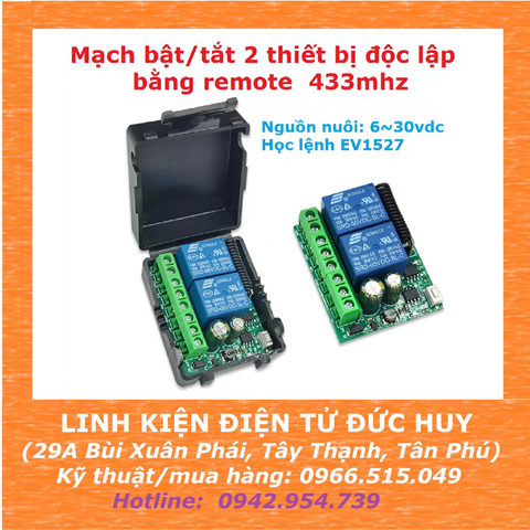 MẠCH ĐIỀU KHIỂN TỪ XA BẬT TẮT 2 THIẾT BỊ BẰNG REMOTE, 433MHZ HỌC LỆNH, 6~30VDC