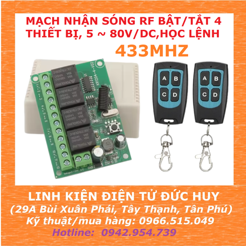 MẠCH NHẬN SÓNG RF BẬT/TẮT 4 THIẾT BỊ, 5 ~ 80V/DC,HỌC LỆNH 433MHZ
