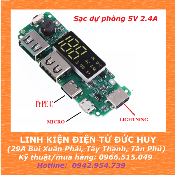 MẠCH SẠC DỰ PHÒNG 5V 2.4A, LED HIỂN THỊ