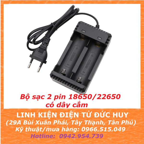 Sạc độc lập 2 pin 18650 Lithium-ion 18650/26650, có dây cắm