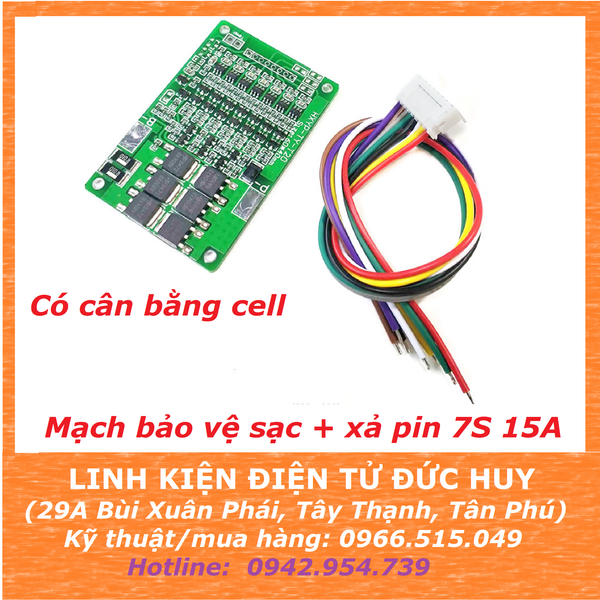 MẠCH BẢO VỆ SẠC & XẢ 7S PIN LITHIUM ION 18650, HX-7S-TY-T20, ĐIỆN ÁP 25.9V 29.4V, DÒNG XẢ LIÊN TỤC 15A, CÓ CÂN BẰNG DÒNG ĐIỆN