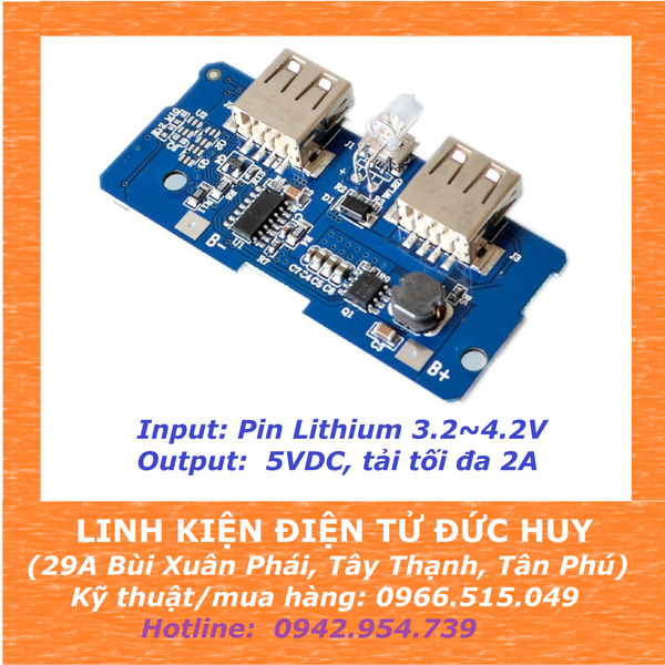 Mạch sạc dự phòng 5V 2A, 2 đầu ra USB