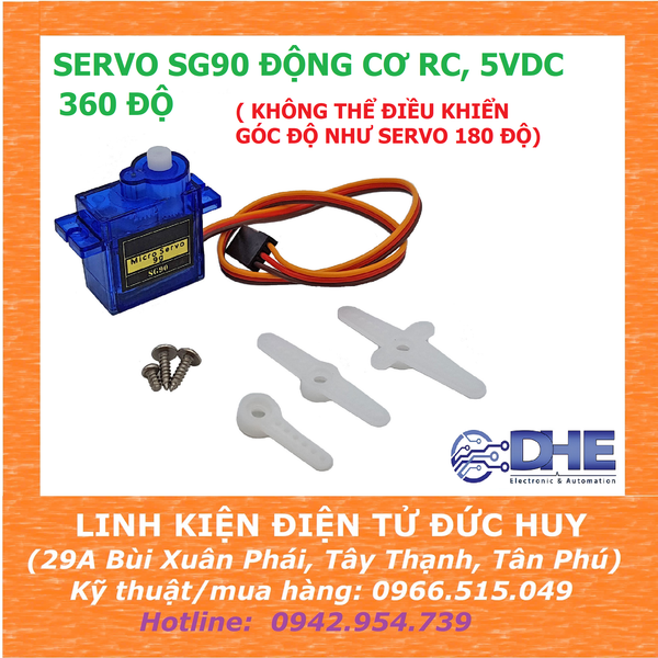 ĐỘNG CƠ RC SERVO SG90, ĐIỆN ÁP 5V, xoay góc tối đa 360 độ
