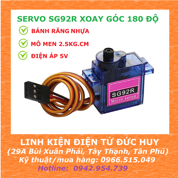 Servo SG92R (Bánh răng nhựa) xoay góc tối đa 180 độ