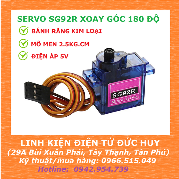 Servo SG92R (Bánh răng kim loại) xoay góc tối đa 180 độ