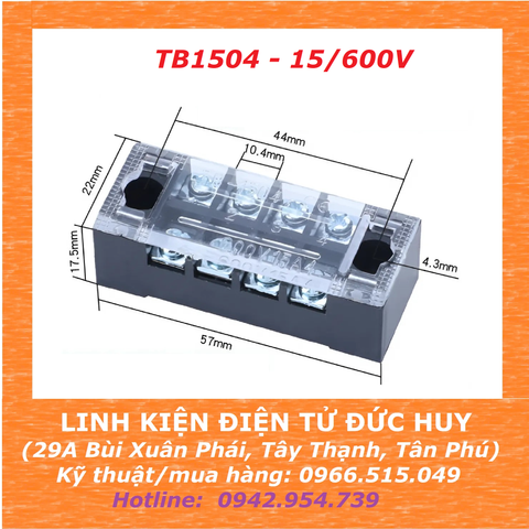 Cầu đấu dây TERMINAL BLOCK TB1504, 15 AMPE/600V (4 CỌC)