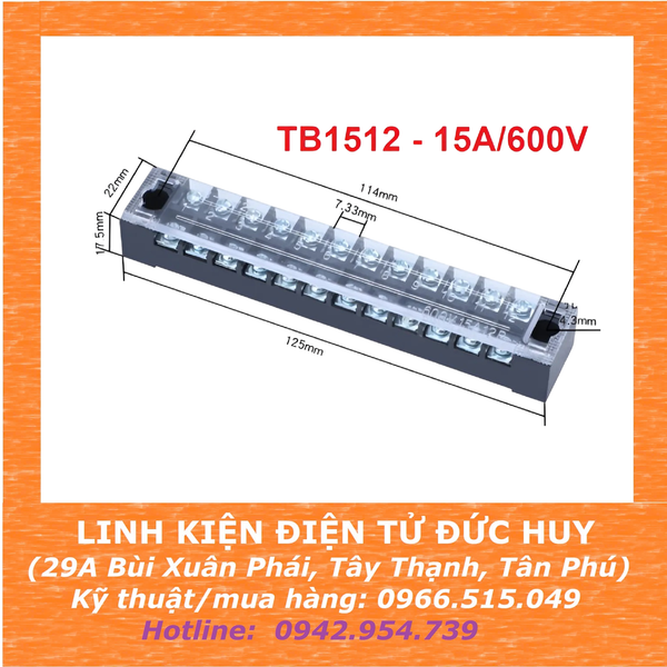 Cầu đấu dây Terminal block TB1512 - 15A/600V (12 cọc)