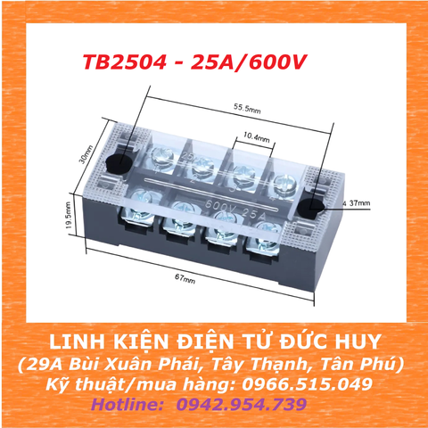 Cầu đấu dây Terminal block TB2504 - 25A/600V (4 cọc)