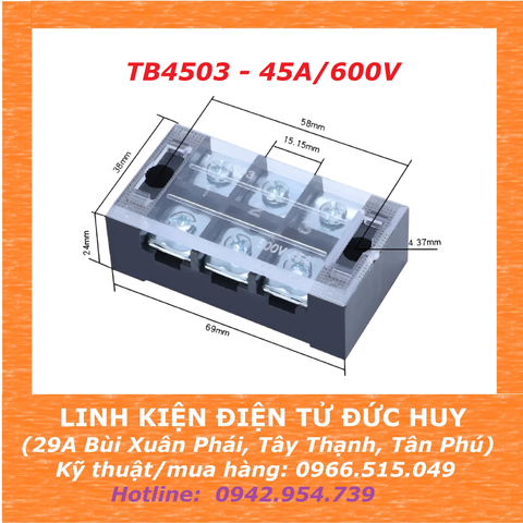 Cầu đấu dây Terminal block TB4503 - 45A/600V (3 cọc)