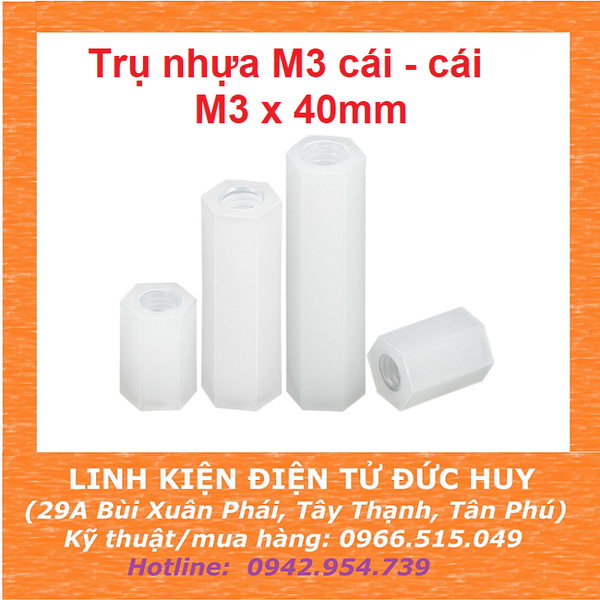 Trụ nhựa M3, cái - cái (2 đầu cái), dài 40mm
