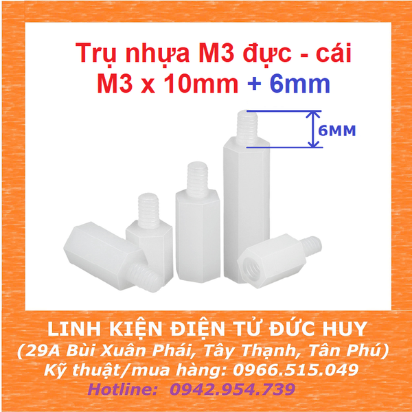 Trụ nhựa M3, đực-cái, dài 10mm