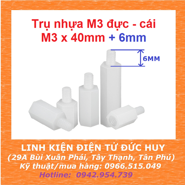 Trụ nhựa M3, đực - cái (1 đầu đực, 1 đầu cái), dài 40mm