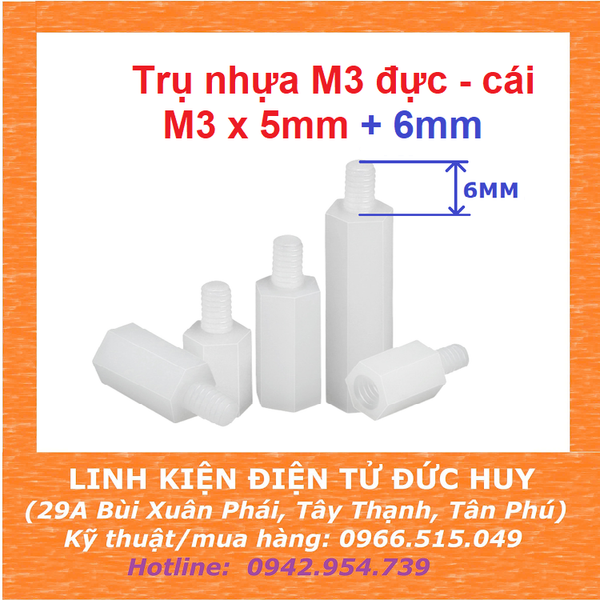 Trụ nhựa M3, đực-cái (1 đầu đực, 1 đầu cái), dài 5mm