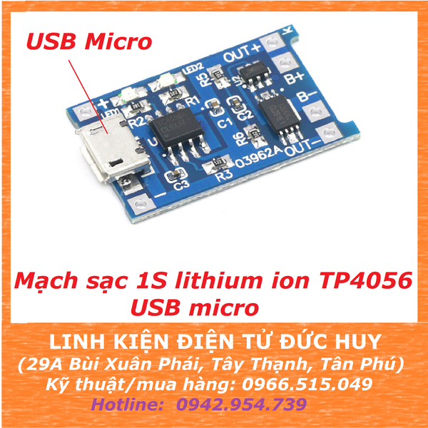 TP4056 1S 1A MẠCH BẢO VỆ SẠC XẢ 1S PIN LITHIUM ION MICRO USB