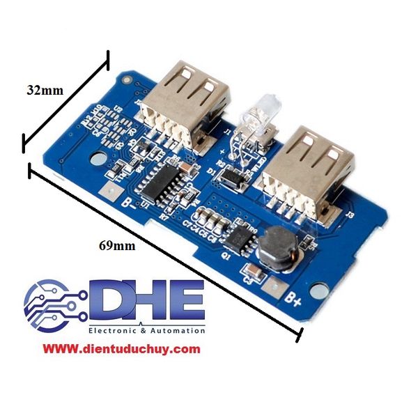 BOARD MẠCH SẠC DỰ PHÒNG 2 ĐẦU RA USB, ĐIỆN ÁP VÀO 3.7-4.2V, ĐIỆN ÁP RA 5V - 2A, KÍCH THƯỚC 69 X 32MM