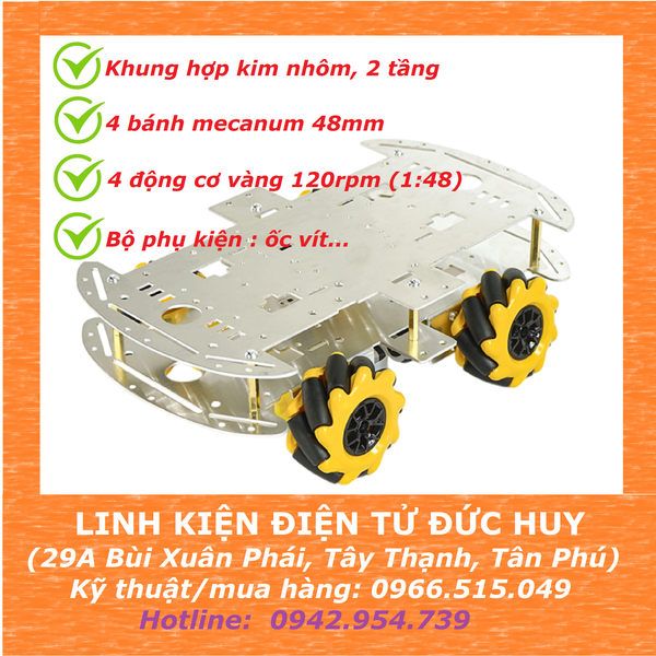 Bộ xe robot 4 bánh 2 tầng, khung kim loại, bánh xe mecanum 48mm
