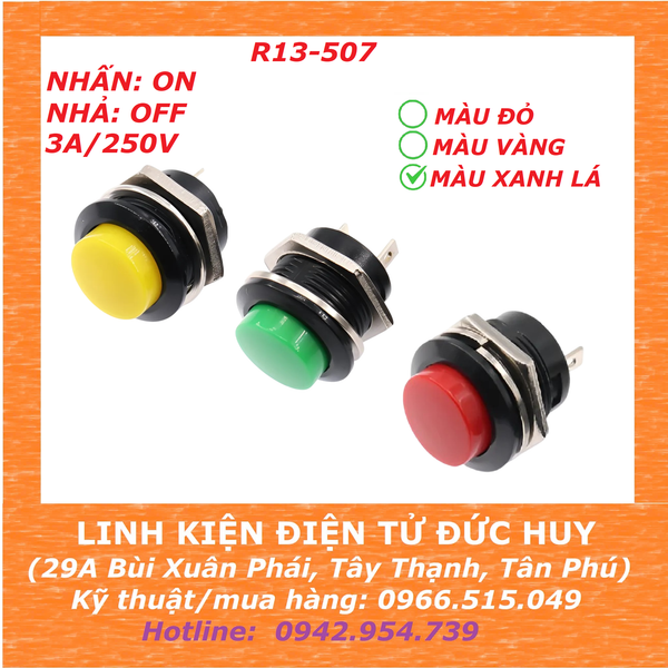 R13-507 nút nhấn nhả phi 16mm Xanh lá