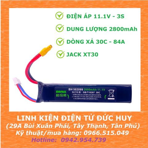 PIN LIPO 3S 11.1V 2800MAH, XẢ 30C, XT30