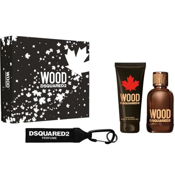 Gift Set Dsquared2 Wood for Him 3pcs (EDT 100ml + Bath - Shower Gel 100ml & Black Key Ring)