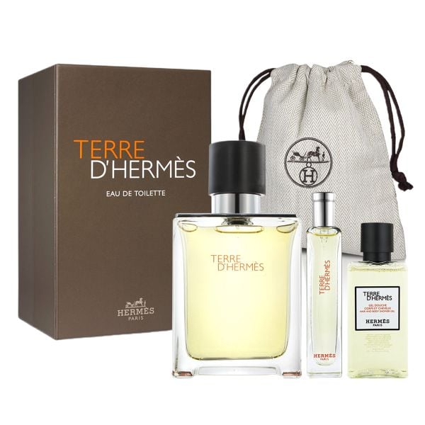 Gift Set Hermes Terre d'Hermes 4pcs ( EDT 100ml & EDT 15ml & Hair, Body Shower Gel 40ml & Canvas Pouch )