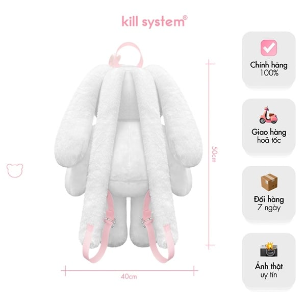  Balo gấu bông Jennie Babe hình thỏ trắng trái tim dây quai đeo Kill System 